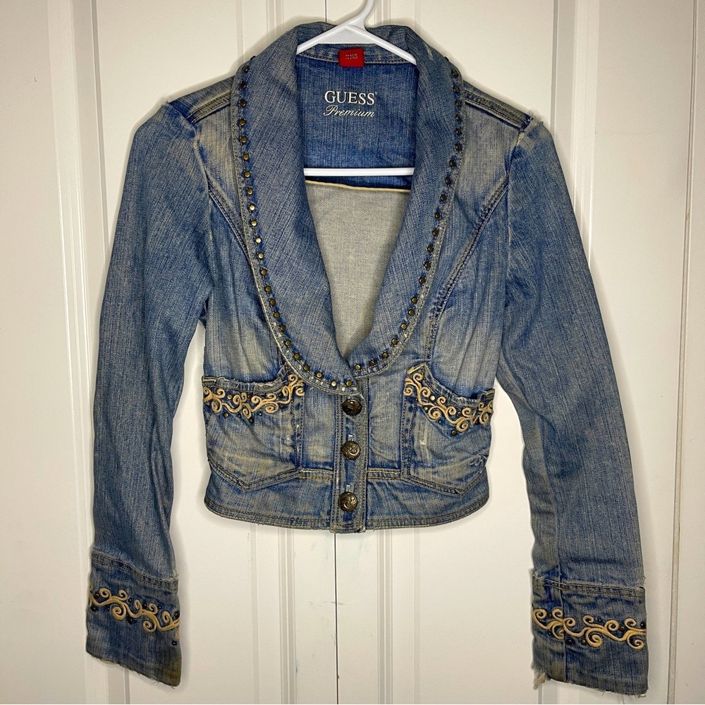 Vintage Guess Premium Denim Jean Jacket Size XS Made In USA Distressed Studded